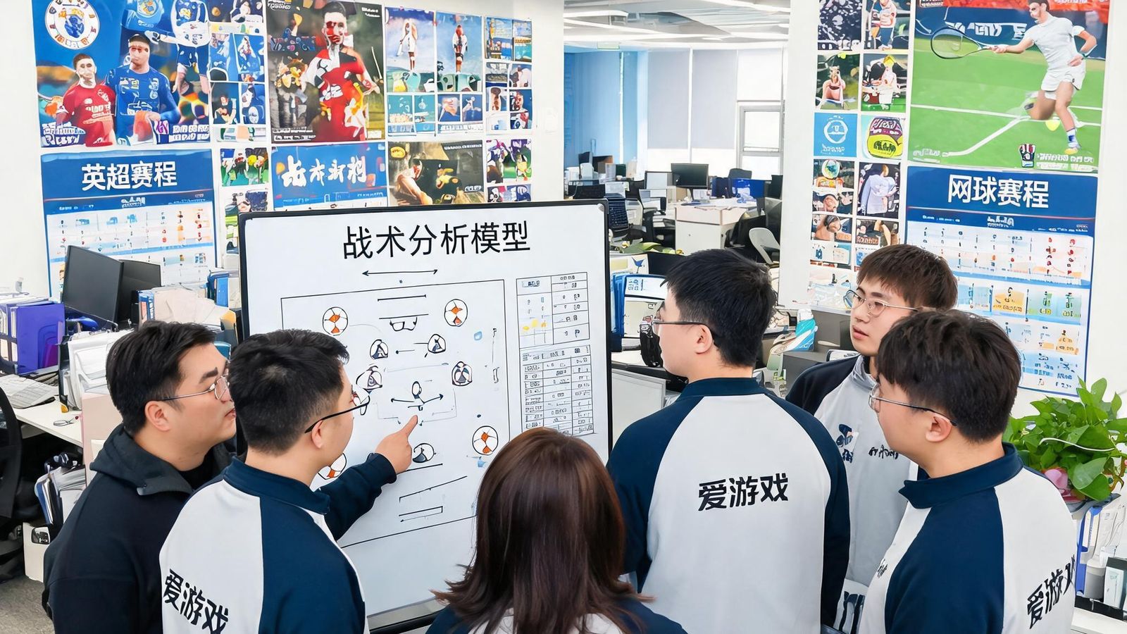 爱游戏团队在开放式办公室内围绕白板讨论战术分析模型，墙面上贴满英超和网球赛程海报