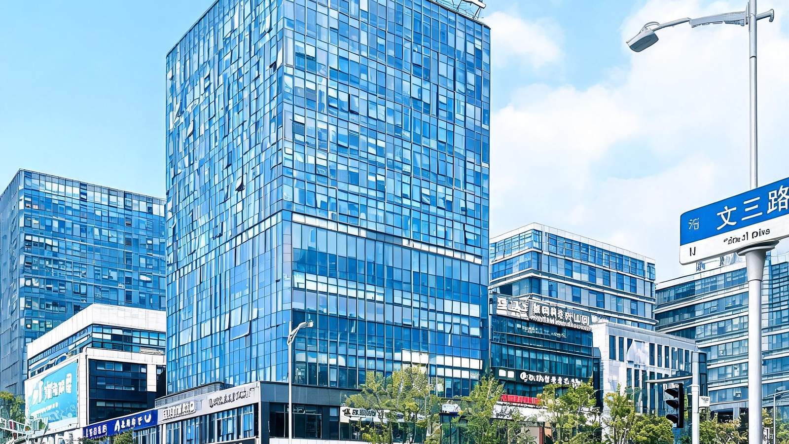 杭州华星科技大厦外景，现代玻璃幕墙写字楼，位于文三路信息产业街区