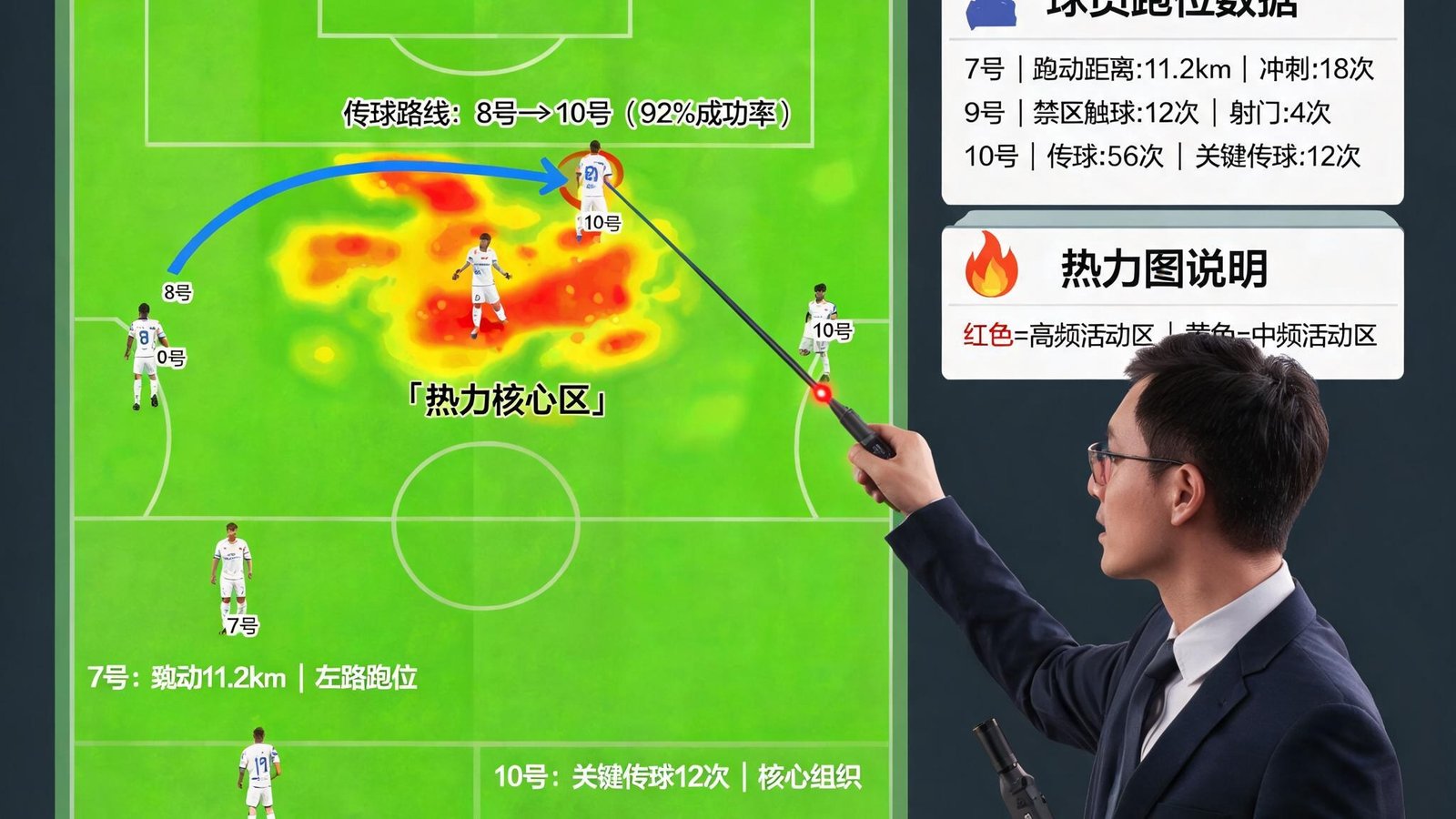 爱游戏战术分析面板，展示足球热力图、传球路线和球员跑位数据，分析师正在标记关键区域